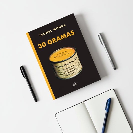 Capa do livro 30 Gramas de Leonel Moura, romance experimental sobre arte contemporânea, vanguardas e pensamento artístico do século XX
